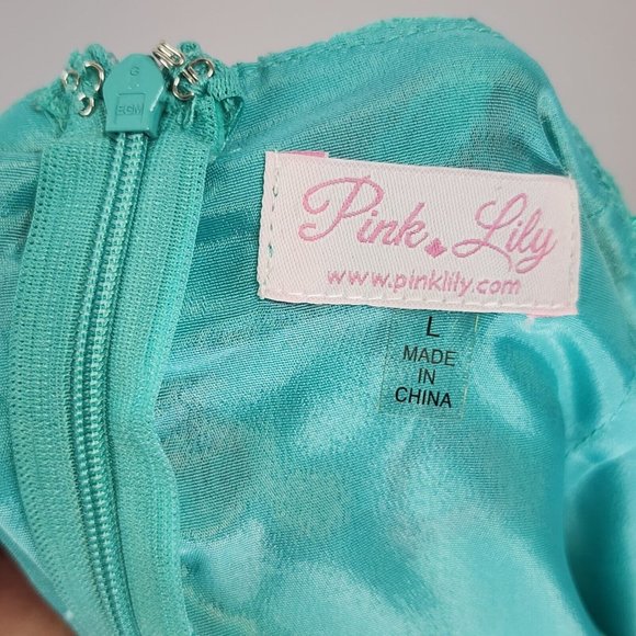Pink Lily Dress Womens Large Turquoise Floral Lace Casual Backless Knee Length - Picture 3 of 13